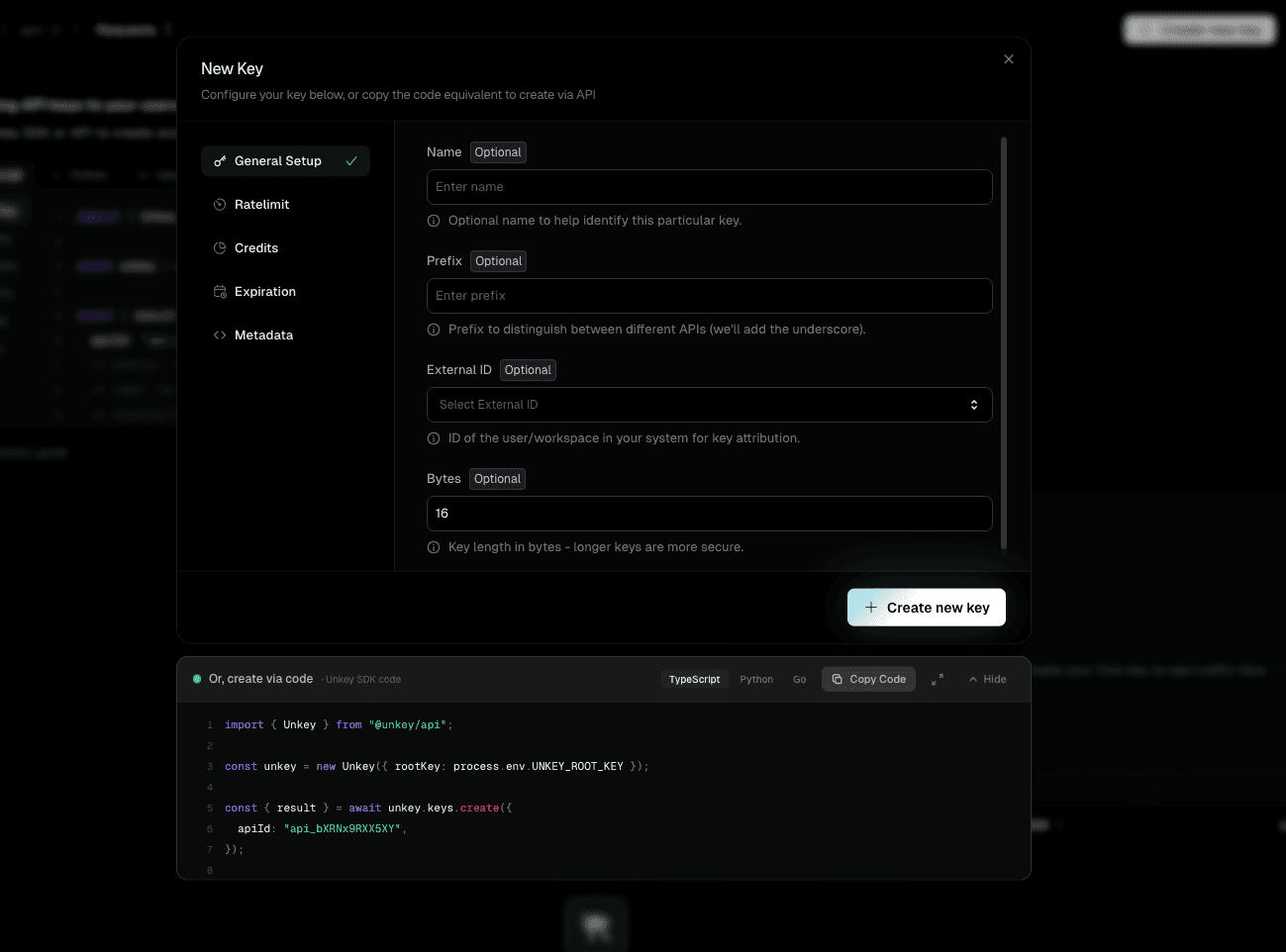 Create Key modal after